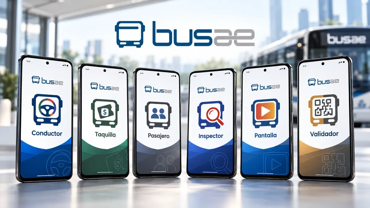 Apps de Busae para conductor, taquilla, pasajero, inspector, pantalla y validador
